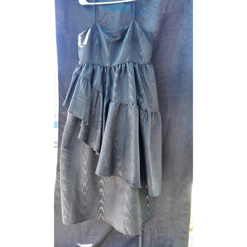 Dark Gray Moiré Tiered Midi Dress Spaghetti Strap Smocked Back Ruffle Skirt
